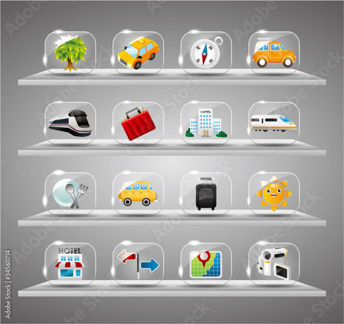 Cute travel icons collection,Transparent glass button