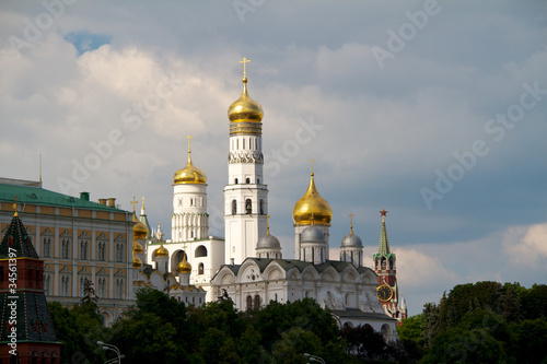 View of Moscow Kremlin with golden domes and Spasskaya tower