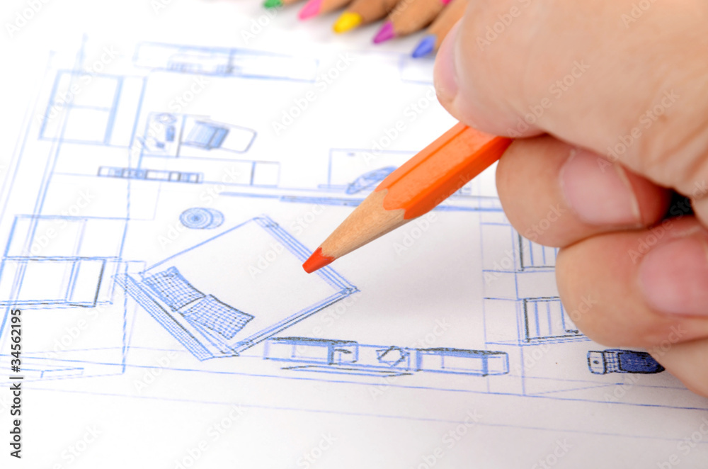 Color pencils and house blueprint Color pencils and house blueprint
