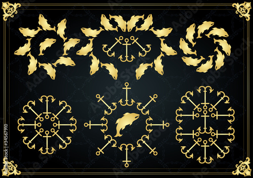 Vintage golden marine frames and elements illustration