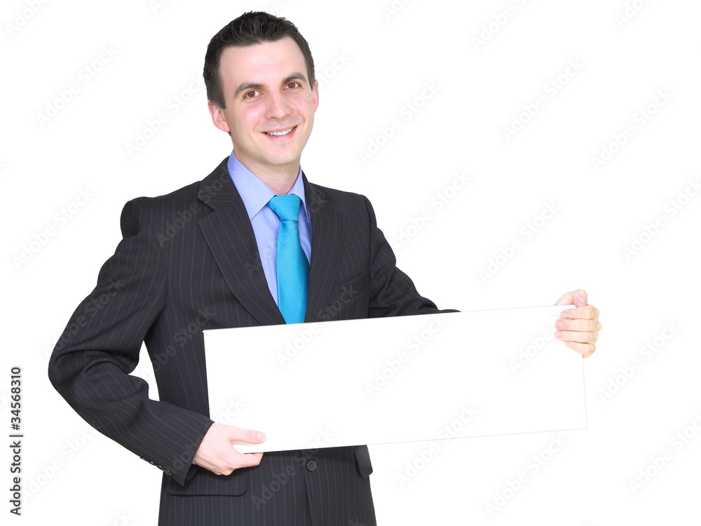 Caucasian businessman with empty,blank white card. Caucasian businessman with empty,blank white card.