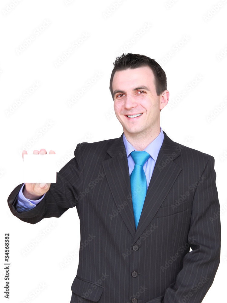 Naklejka premium Caucasian businessman with empty,blank white card.