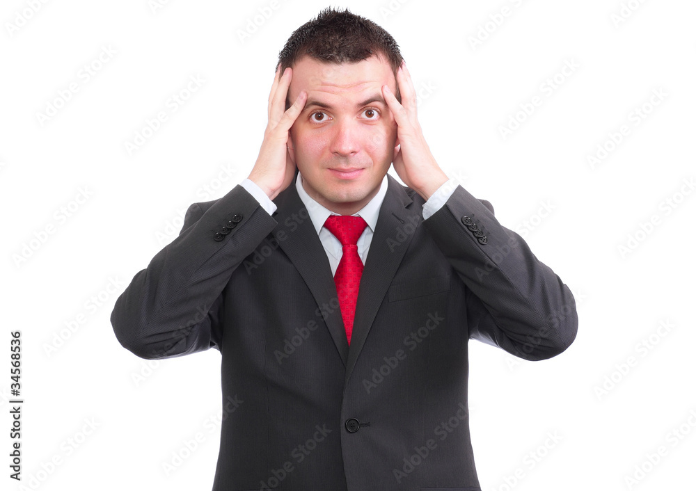 Businessman hold a head in horror condition. Businessman hold a head in horror condition.