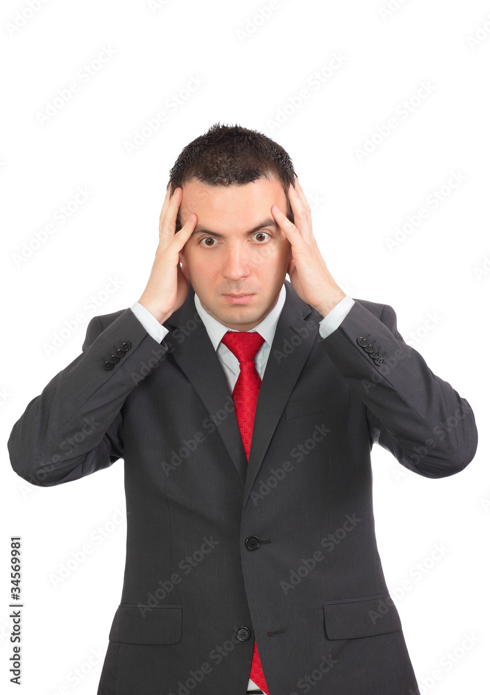 Businessman hold a head in horror condition. Businessman hold a head in horror condition.