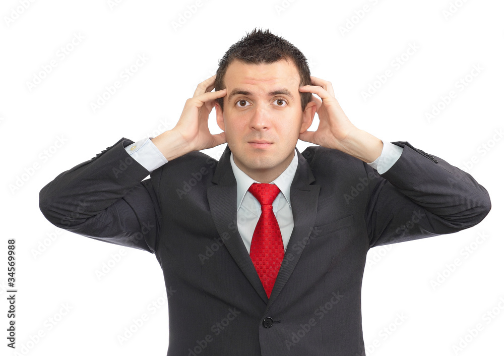 Businessman hold a head in horror condition. Businessman hold a head in horror condition.