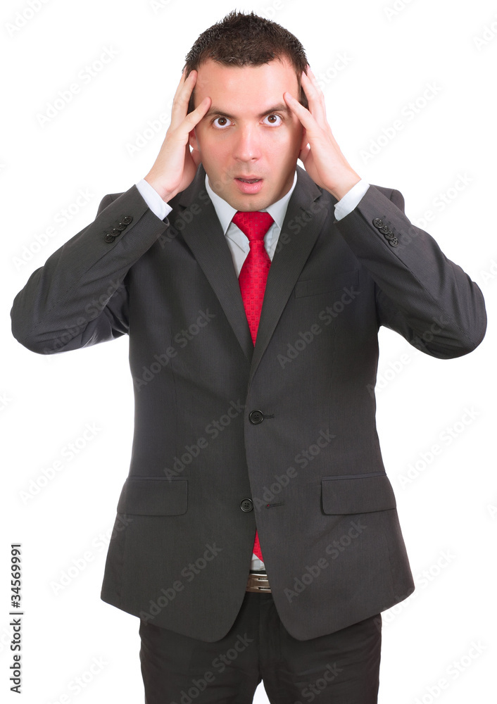 Businessman hold a head in horror condition. Businessman hold a head in horror condition.