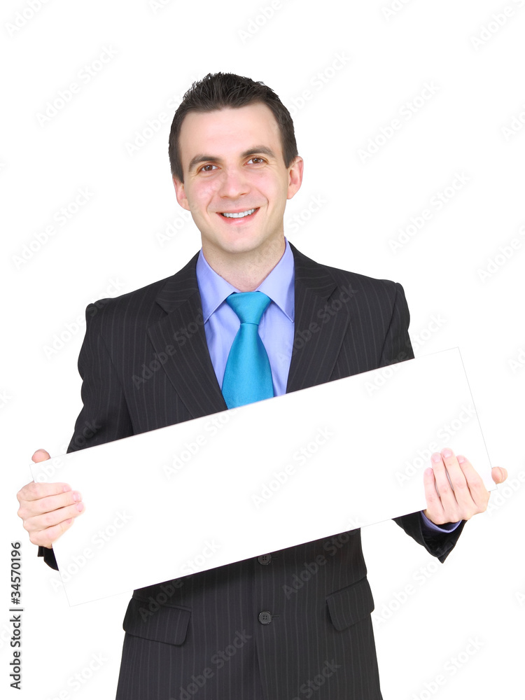 Caucasian businessman with empty,blank white card. Caucasian businessman with empty,blank white card.