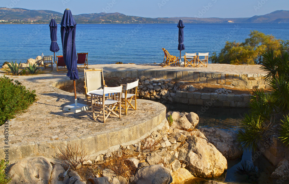 Beach bar at the sinkholes on Lassi area of Kefalonia Stock Photo
