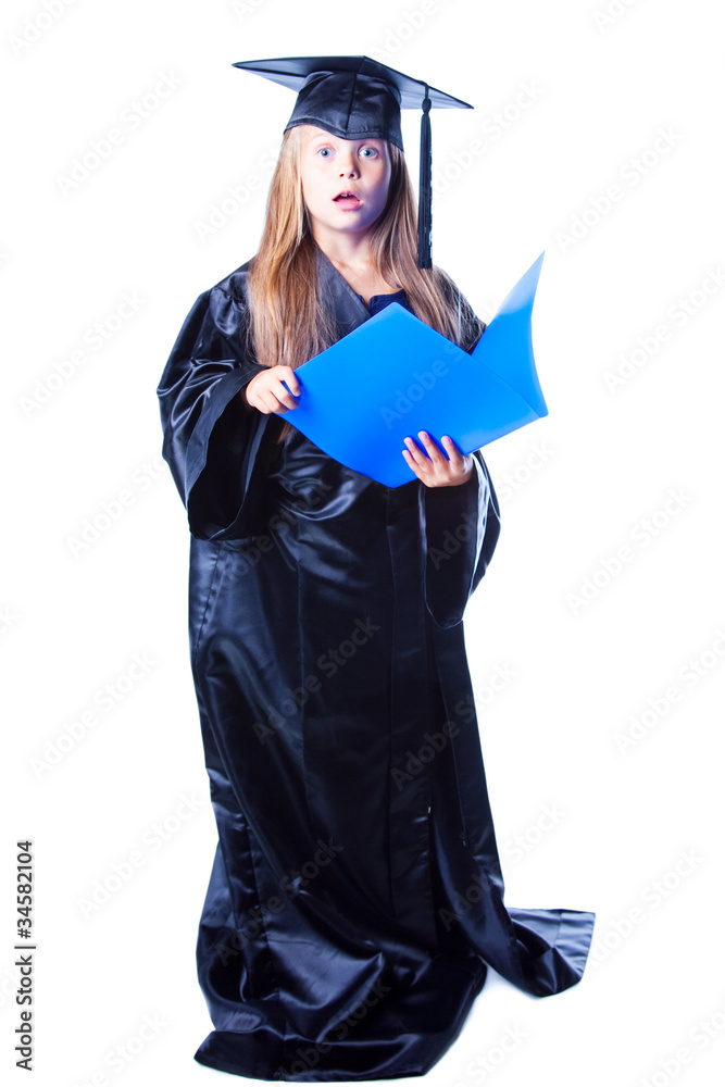 Girl with bachelor hat and graduation gown on isolated white Girl with bachelor hat and graduation gown on isolated white