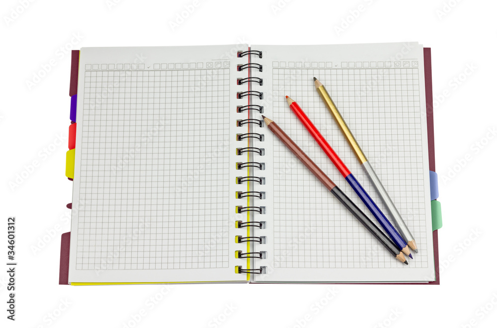 Open notepad and three pencil Open notepad and three pencil