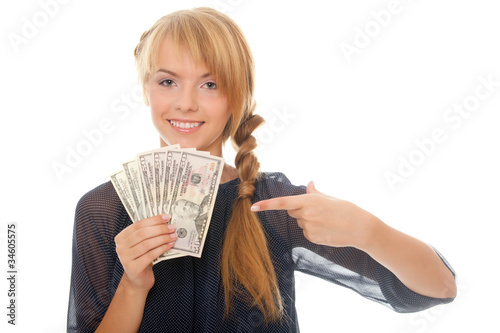 young woman holding in hand cash money bill american dollars and