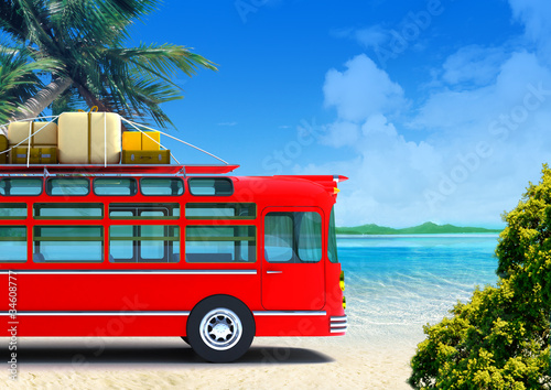 Fotografie red bus adventure on beach