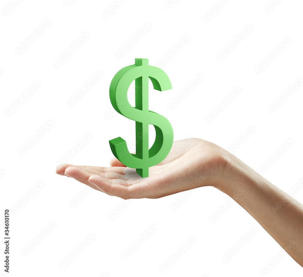 3d Green Dollar Sign on a woman's hand on a white background 3d Green Dollar Sign on a woman's hand on a white background