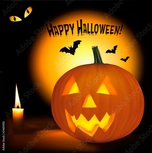 Halloween background with scary pumpkins and a candle. Vector