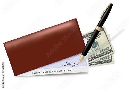 Checkbook with check, pen and dollars. Vector.