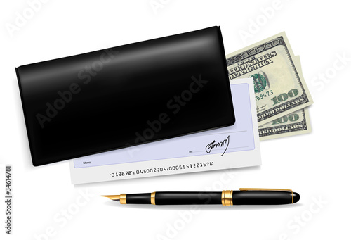 Checkbook with check, pen and dollars. Vector