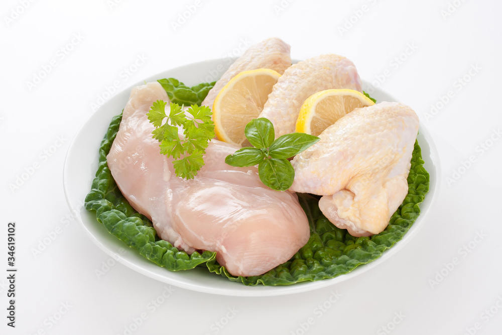 Raw chicken meat on a white plate