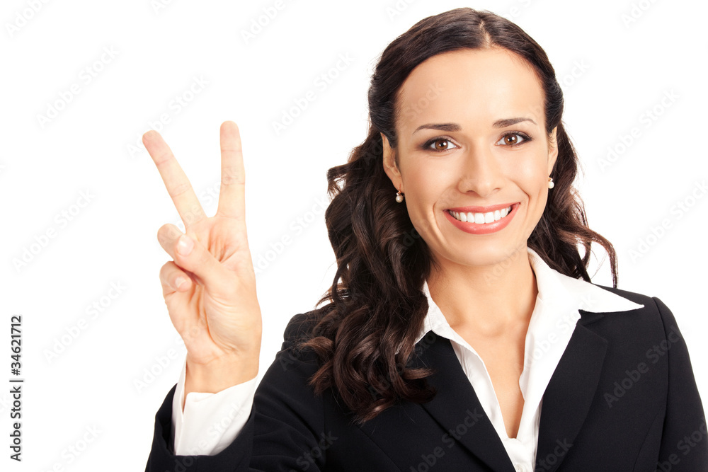 Businesswoman showing two fingers, on white Businesswoman showing two fingers, on white