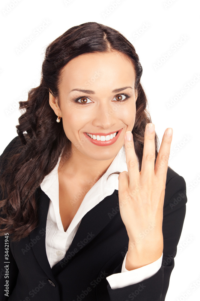 Businesswoman showing three fingers, on white Businesswoman showing three fingers, on white