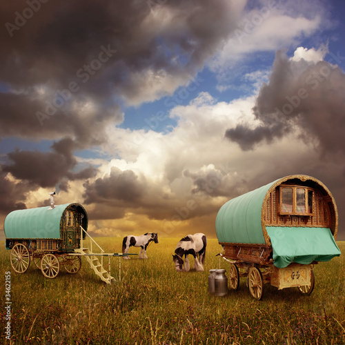 Old Gypsy Caravans, Trailers, Wagons with Horses photo