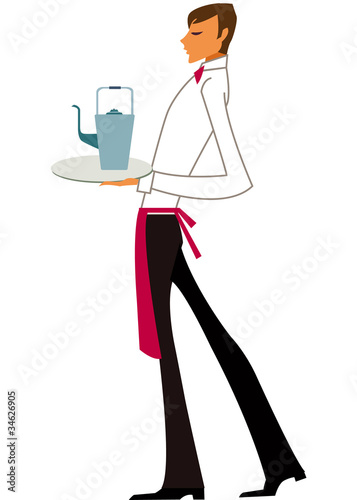 Side view of waiter holding tray