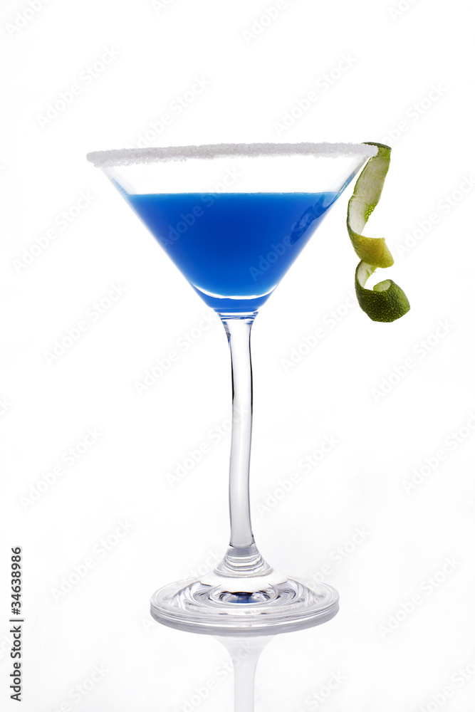 Blue creamy cocktail over white.