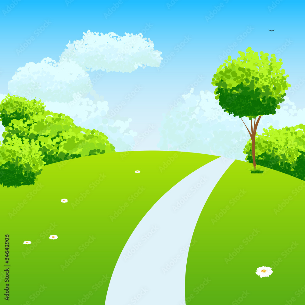 Obraz premium Green Landscape with trees clouds and chamomiles.