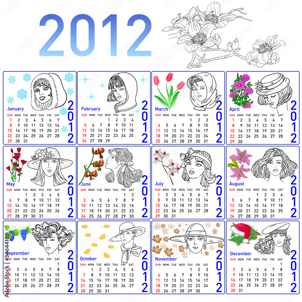 2012 year calendar in vector. Hand-drawn fashion model.