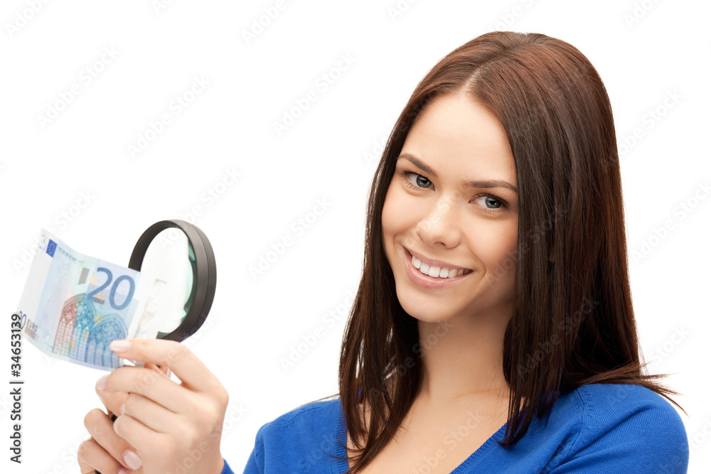 woman with magnifying glass and euro cash money woman with magnifying glass and euro cash money