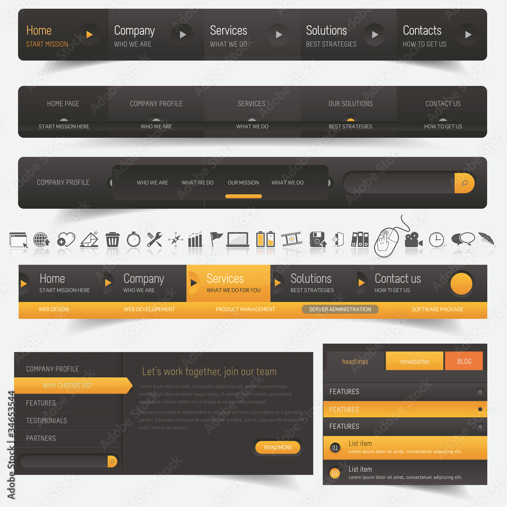 Web design navigation set with icons set - obrazy, fototapety, plakaty 