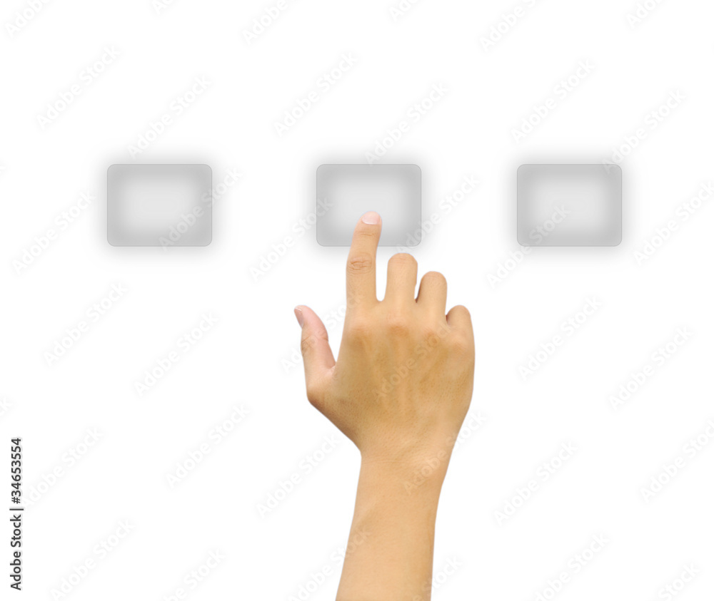 hand pushing a button on a touch screen interface hand pushing a button on a touch screen interface