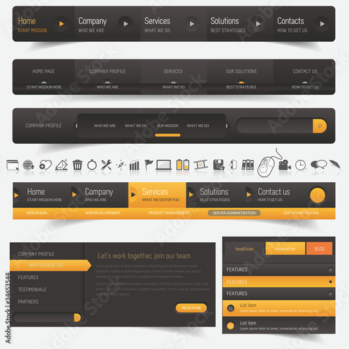 Web design navigation set with icons set