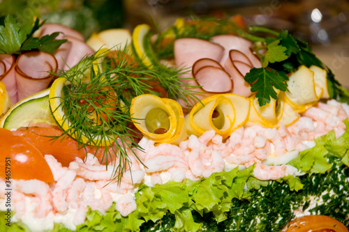 Swedish cake with shrimps and ham (smorgastarta)
