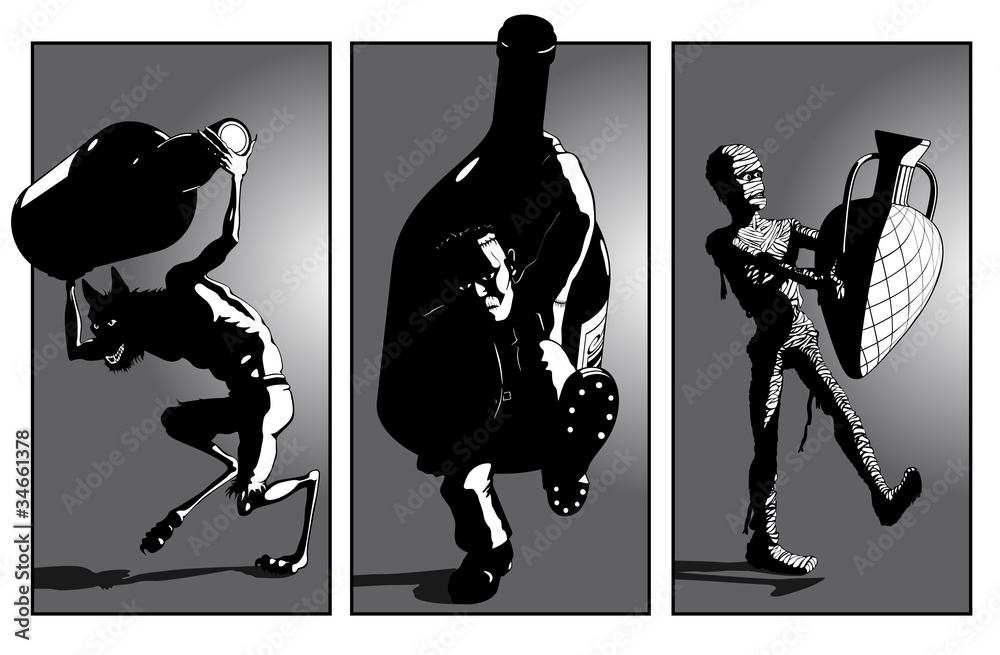 Werewolf, Frankensteins Monster and Mummy Carry Monster Bottles - perhaps to  a bring a bottle party? : Adobe Stock