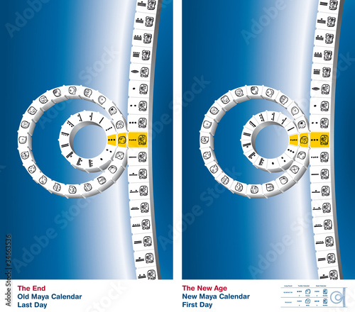 Maya calendar consisting of 260 day-count Tzolkin combined with 365-day solar year Haab to form a Calendar Round, showing last day of old and first day of the new calendar. Illustration. Vector.