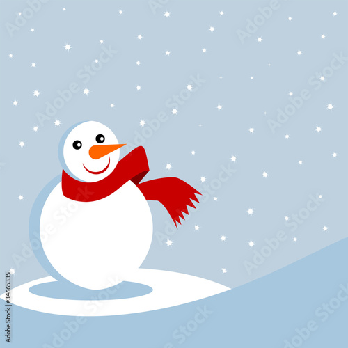 Snowman with red scarf over starry background