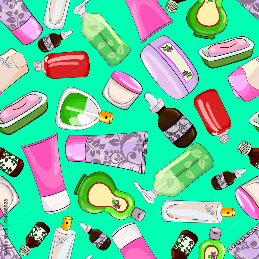 Bright seamless pattern with cosmetics Bright seamless pattern with cosmetics