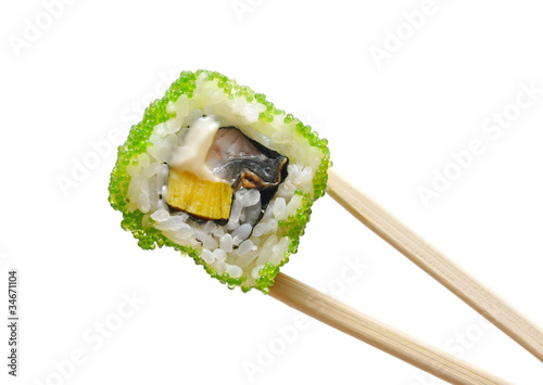 Sushi with chopsticks isolated on a white background