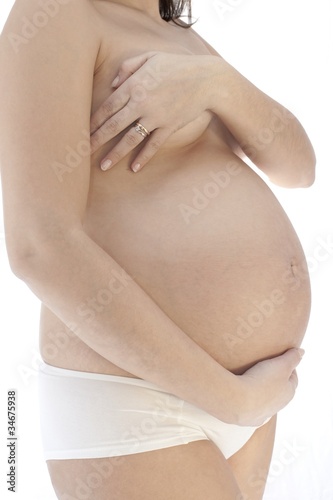big belly pregnant on white background