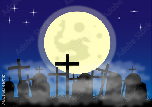 Cemetery at night with fog and big moon