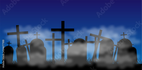 Cemetery with fog at night