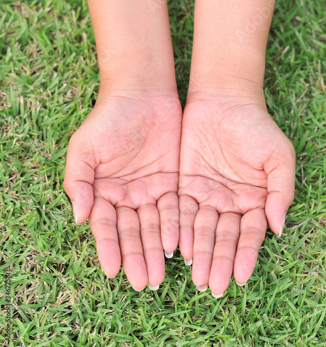 The open hands of a young woman on the grass.