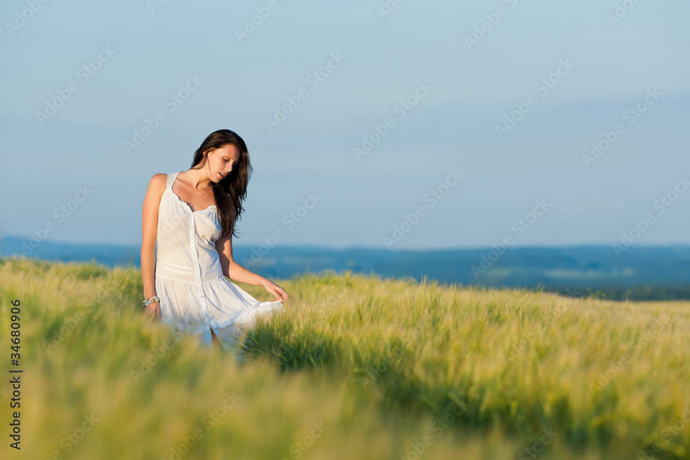Sunset corn field beautiful brunette woman walk Sunset corn field beautiful brunette woman walk
