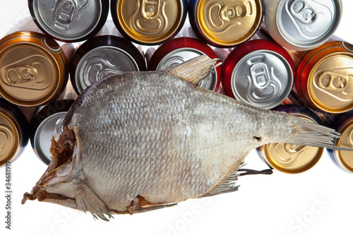 Dried fish and beer on a white background photo