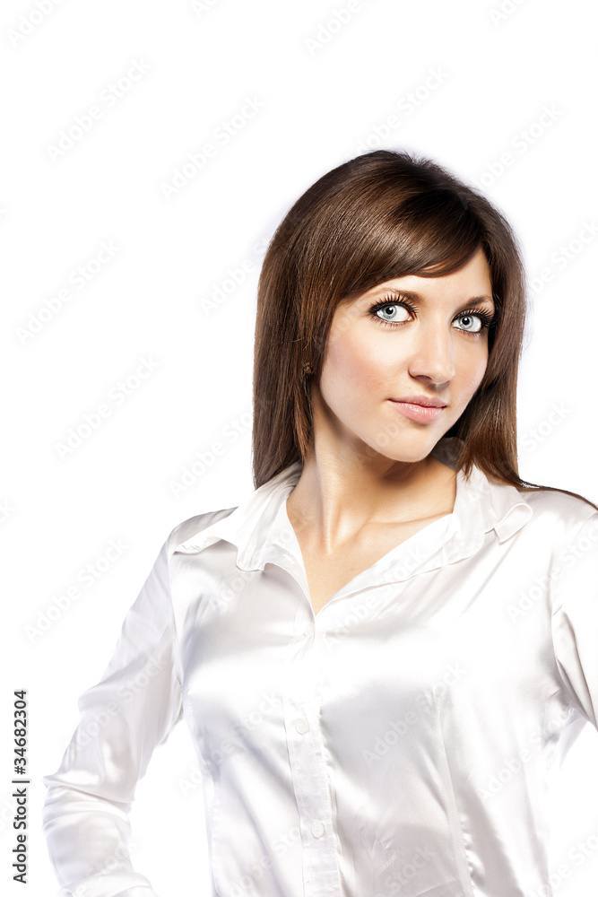 Portrait of lovely smiley woman in white shirt Portrait of lovely smiley woman in white shirt