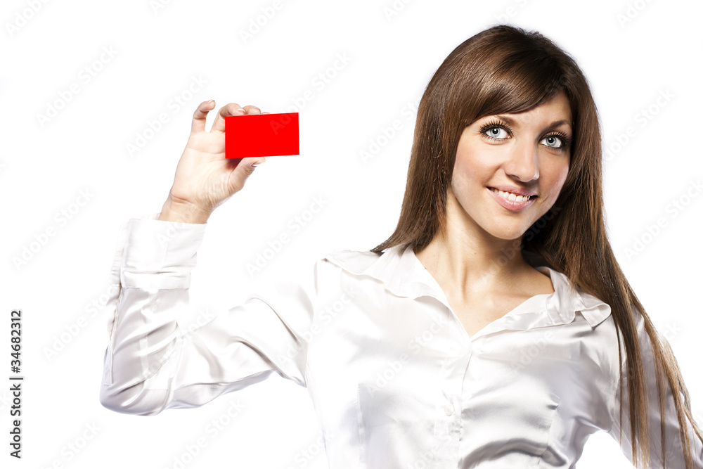 Happy smiling business woman with red card, isolated on white ba Happy smiling business woman with red card, isolated on white ba
