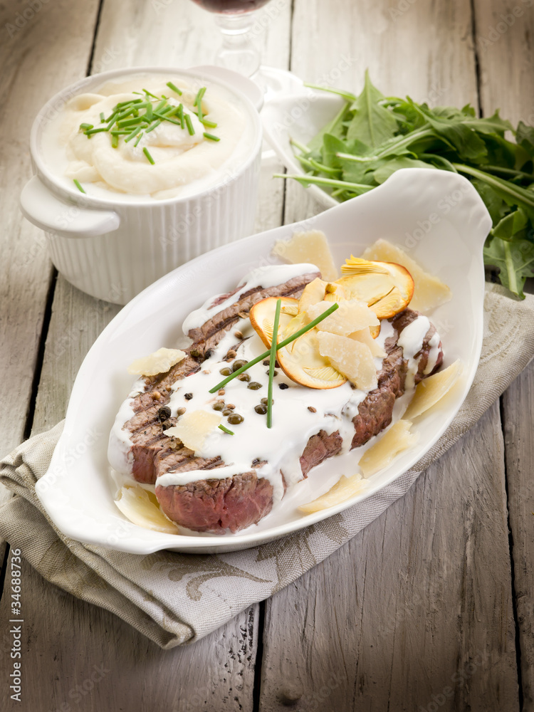 tenderloin with cream sauce ovum mushroom and arugula salad tenderloin with cream sauce ovum mushroom and arugula salad