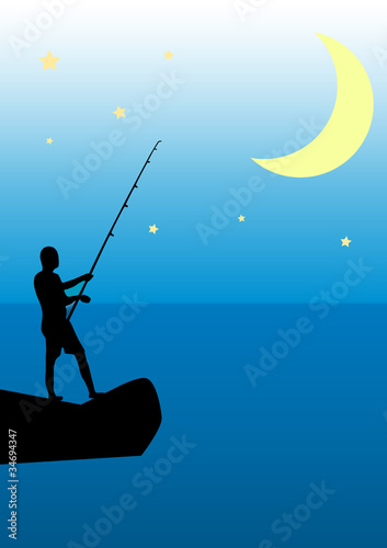 Night fishing from the rocks on the background of the Moon