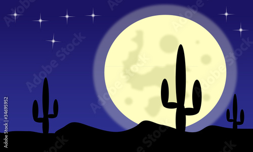 Desert with cactus plants and big moon
