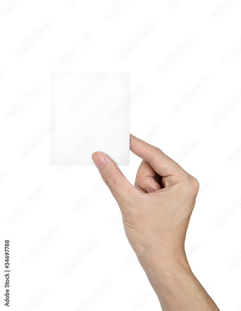 Businessman's hand holding blank paper business card, isolated o Businessman's hand holding blank paper business card, isolated o